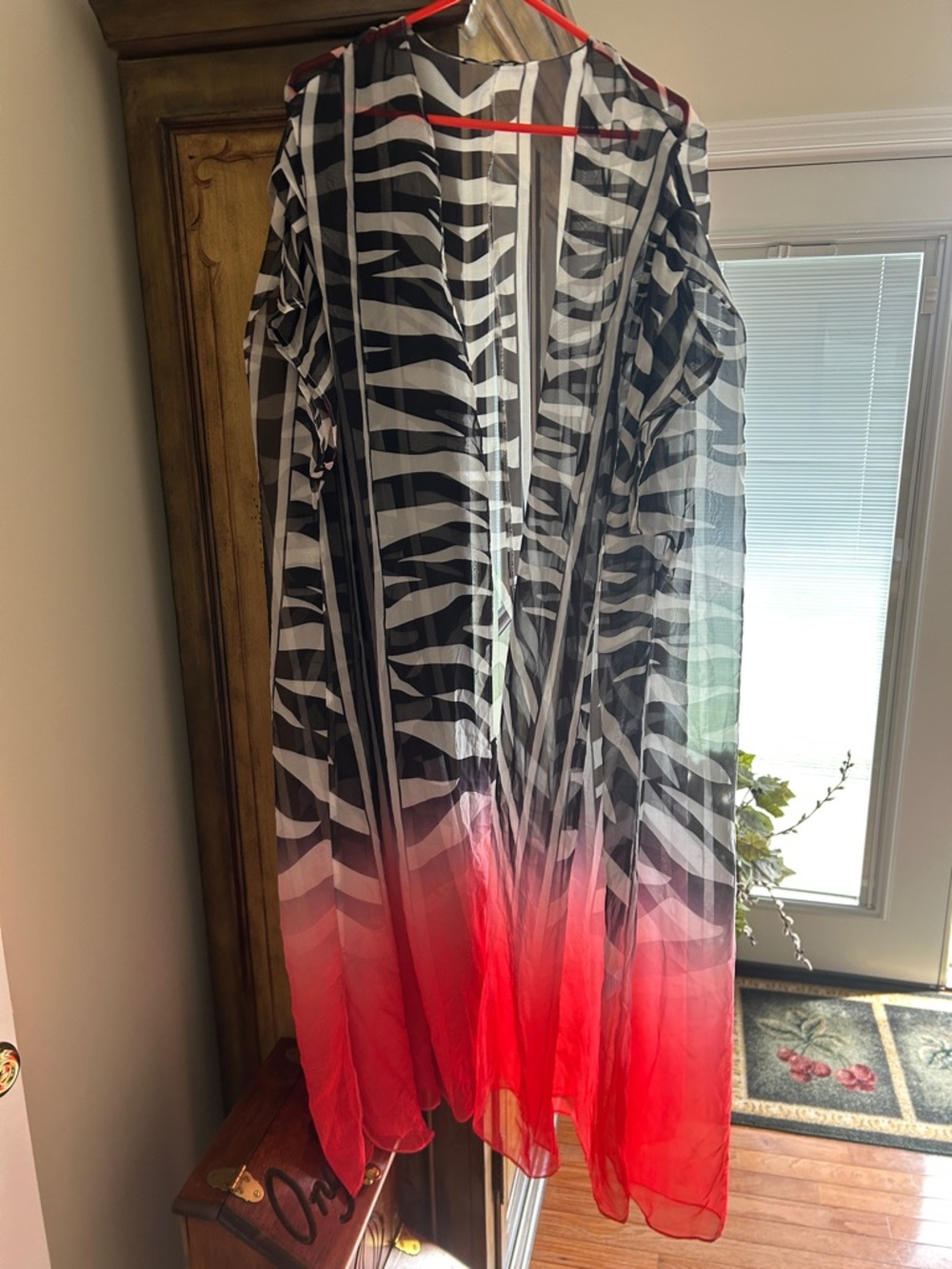 Akira Sheer Zebra Stripe Kimono with coral salmon color hombre at bottom